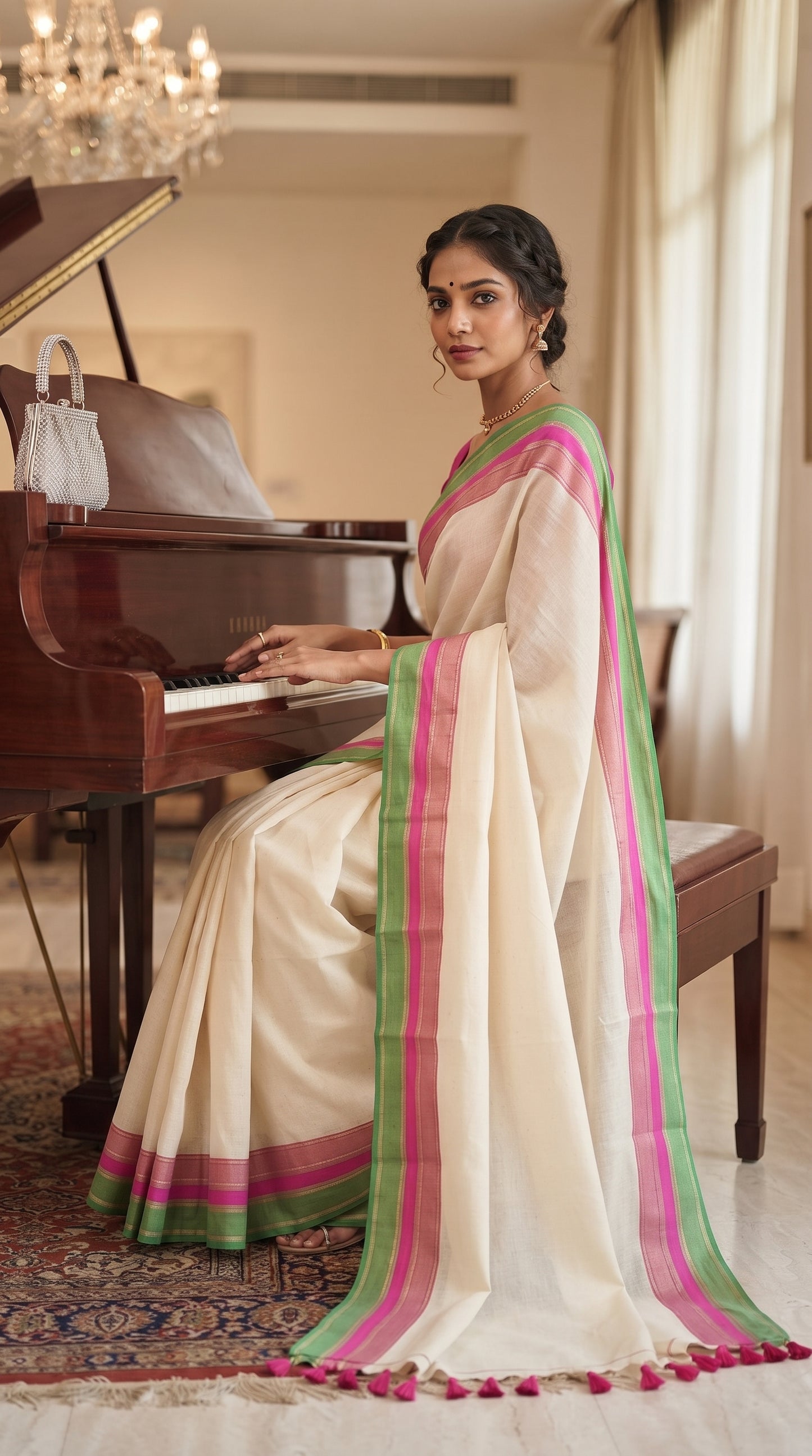 A profile shot of a woman with braided hair sitting at a grand wooden piano, elegantly showcasing the beautiful drape, pink and green striped border, and hanging tassels of her off-white mul cotton saree