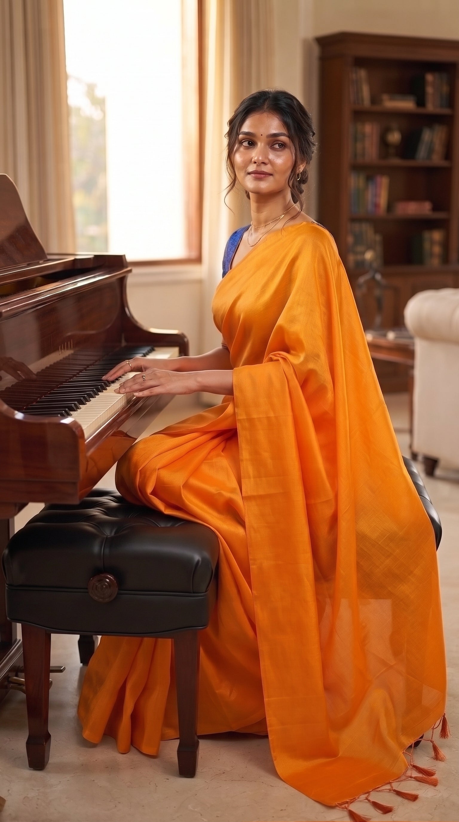 A profile portrait of a woman sitting on a black leather bench playing a grand wooden piano, elegantly displaying the fluid matte-gloss drape and delicate matching tassels of her orange tissue cotton saree