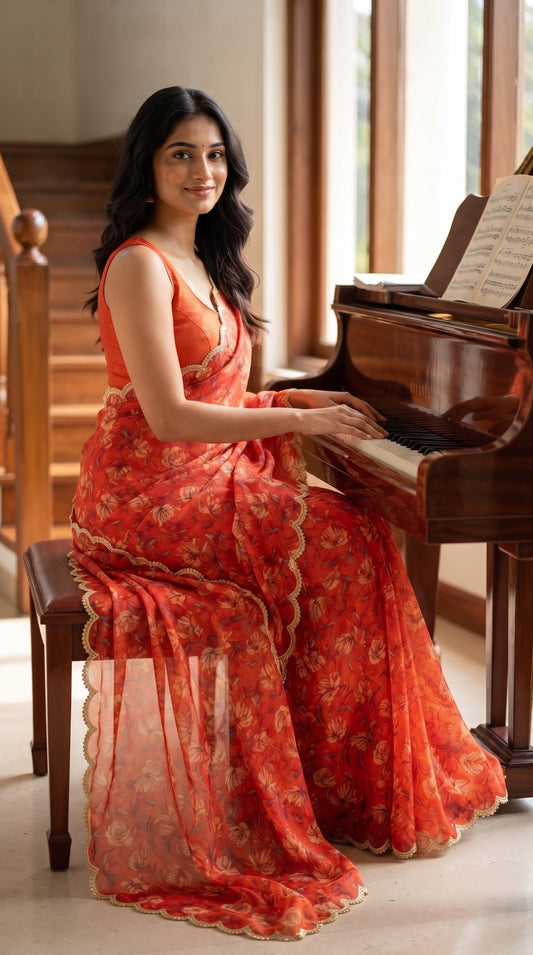 A side profile portrait of a smiling woman sitting on a leather bench playing a grand wooden piano, elegantly displaying the sheer texture and draped gold-bordered pallu of her burnt orange floral silk chiffon saree