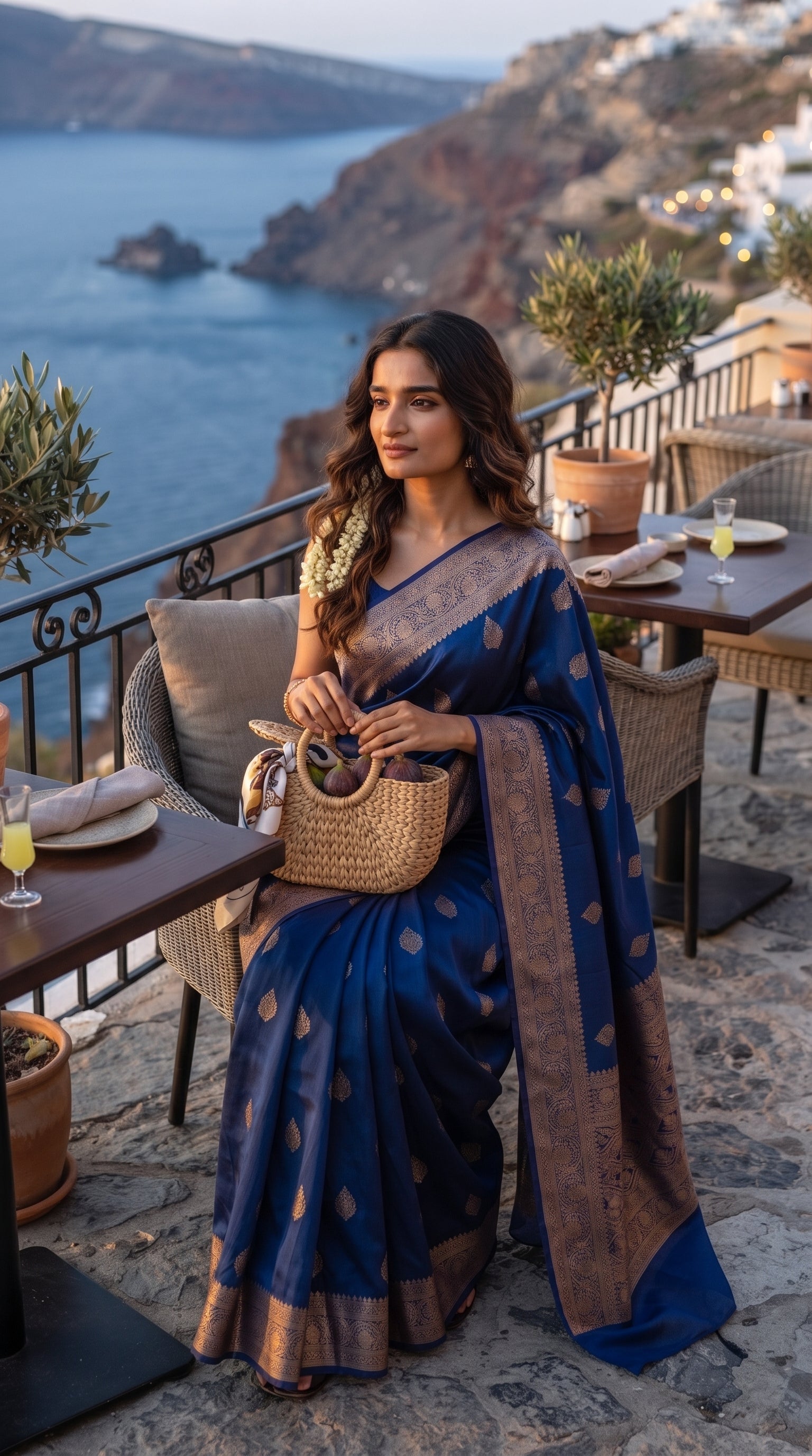 A portrait of a woman sitting on a cliffside terrace café holding a woven straw bag, with a scenic coastline blurring in the background, showcasing the soft luster of her royal blue silk saree