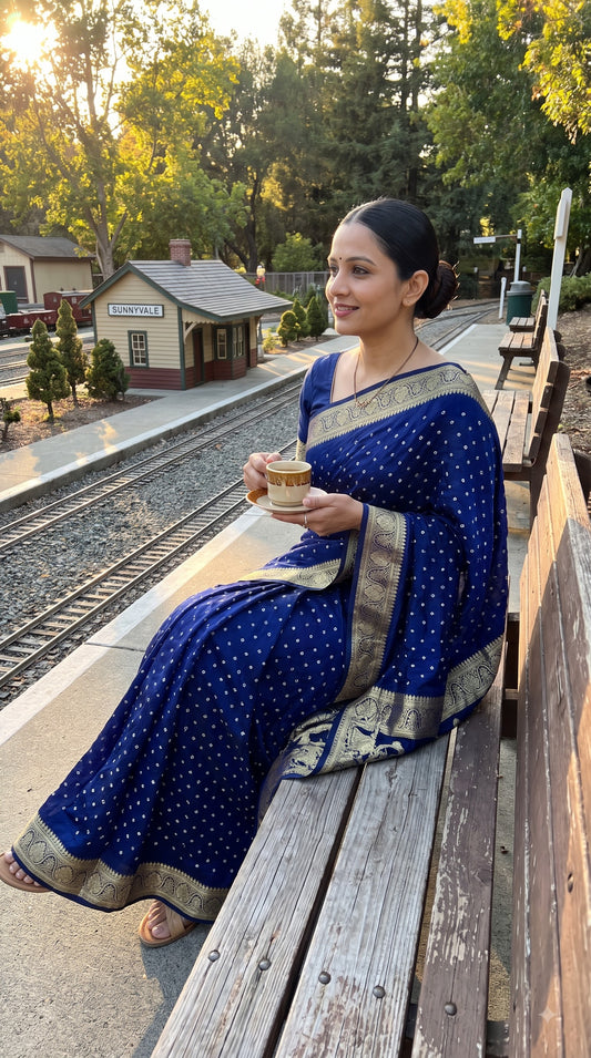 Art Silk Bandhani with Golden Zari - Royal Blue