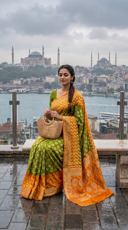 Art Silk with Bandhani - Green with Orange Border