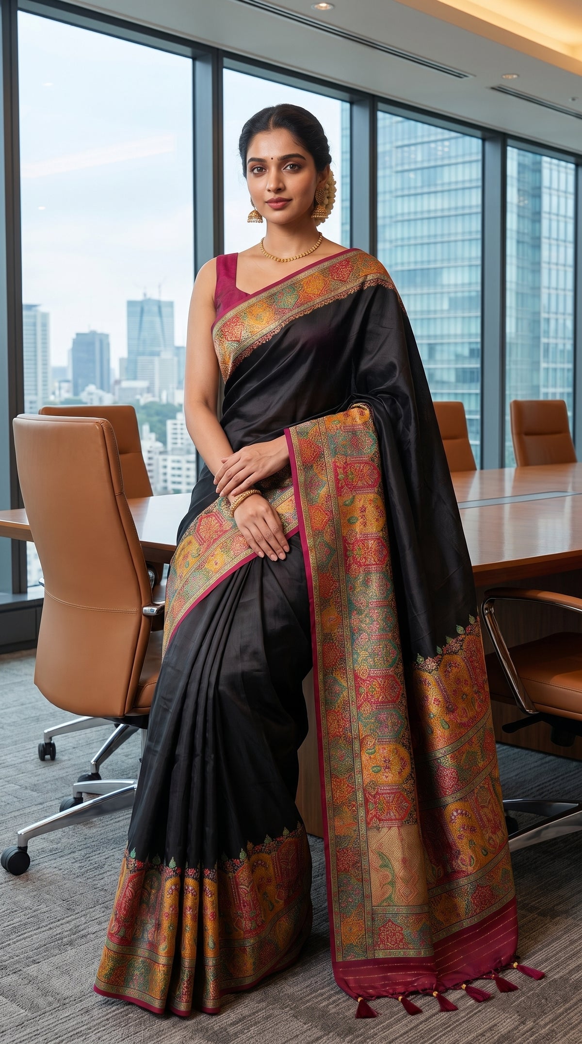 A front portrait of a woman standing in a modern corporate boardroom with a city skyline view, showcasing the elegant drape and detailed multicolored Kani borders of her black silk saree
