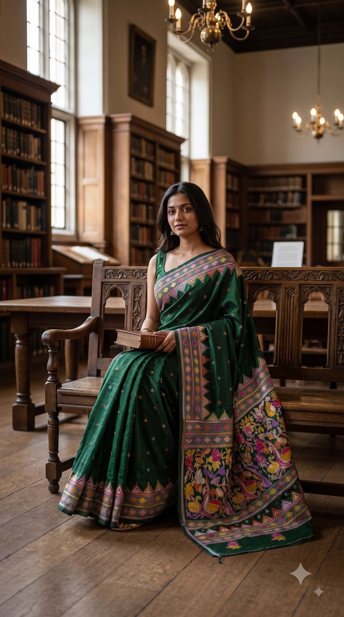 Pure Silk Saree with Kantha-Stitched - Green