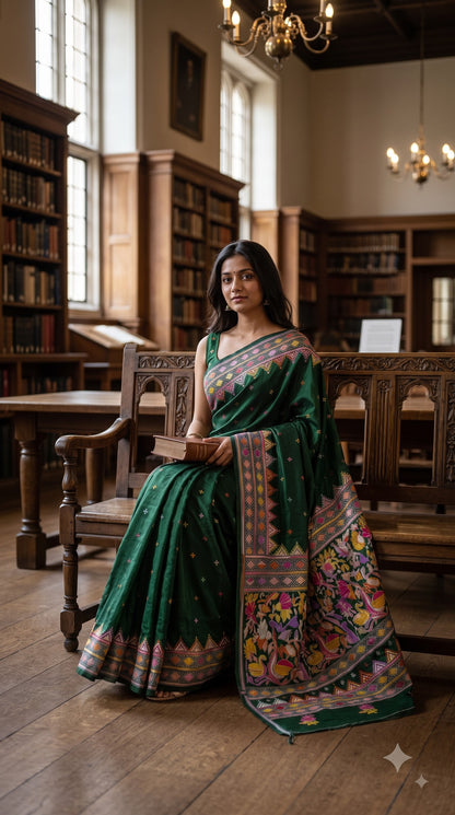 Pure Silk Saree with Kantha-Stitched - Green