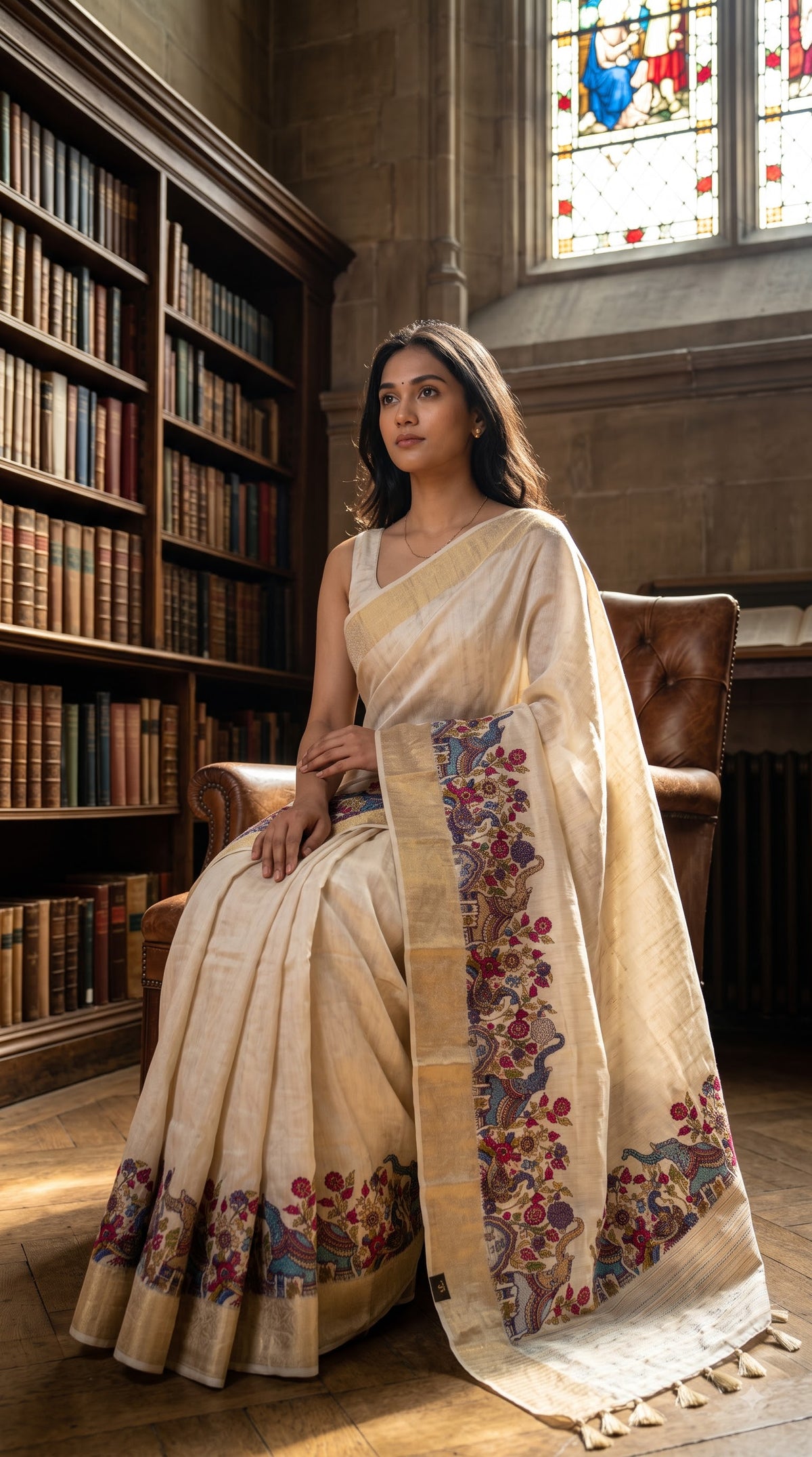 Pure Silk Saree with Digital Print & French Knot Kantha-Stitched - Cream
