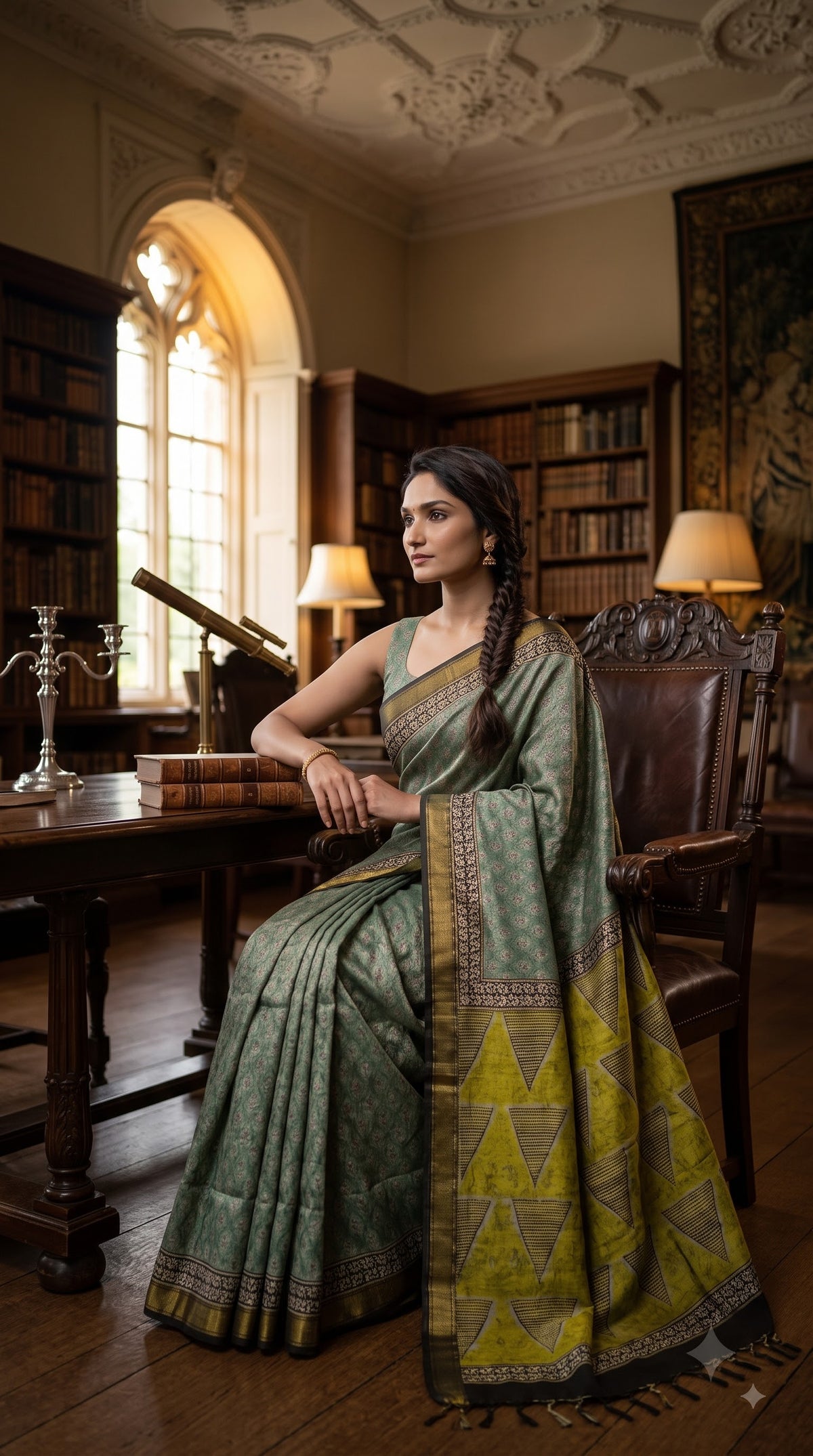 Maheshwari Silk Saree with Sanganery Handblock Print - Green