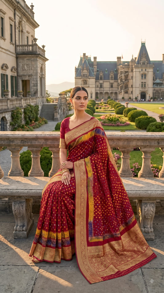 Art Silk Bandhani with Shibori & Zari Border - Maroon
