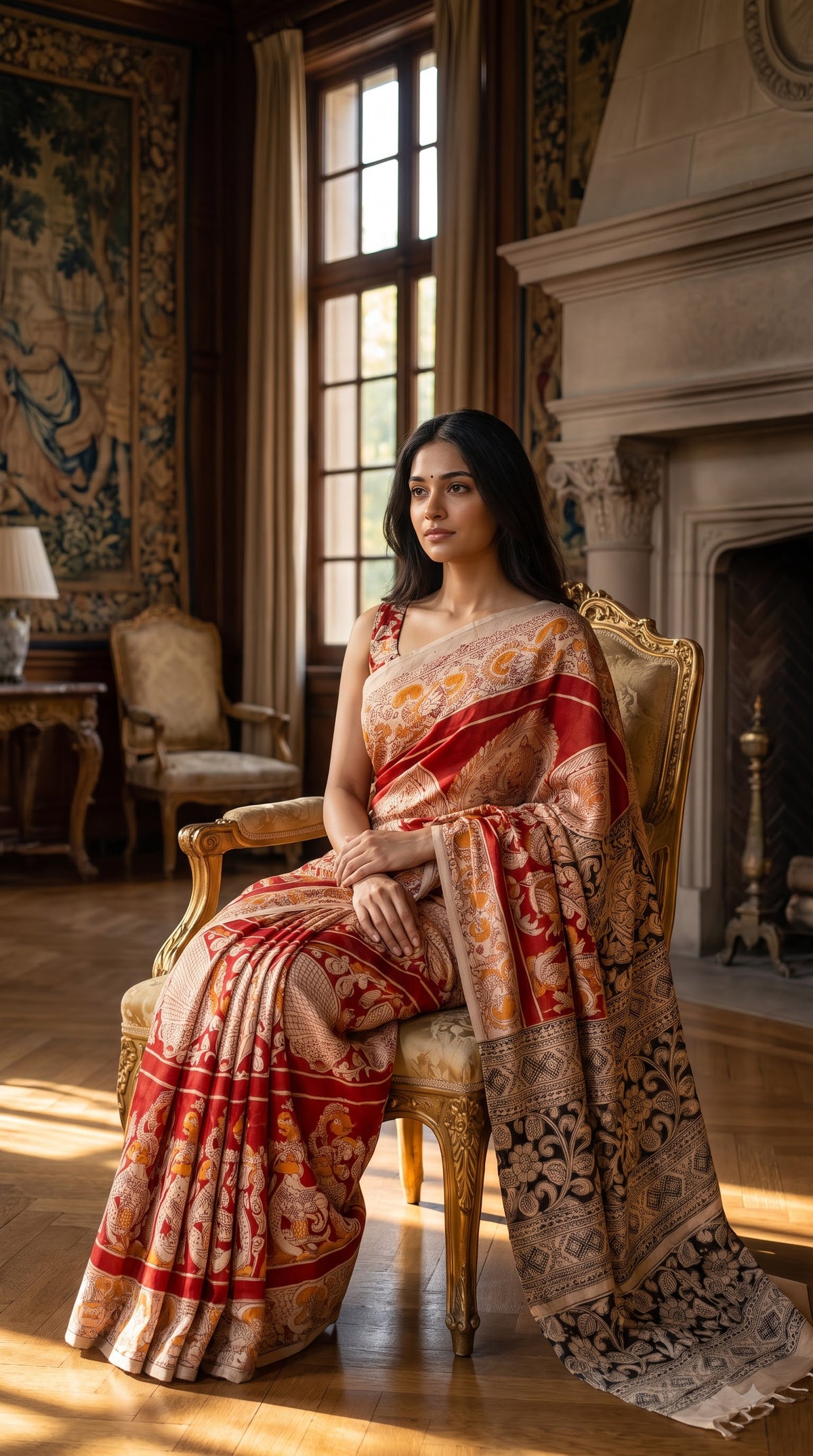 Printed Kalamkari Silk Saree - Red & Yellow