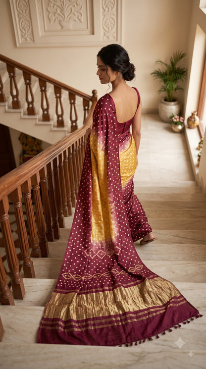 Modal Silk with Dual Shade Bandhani with Lagdi Patta - Beige/Maroon