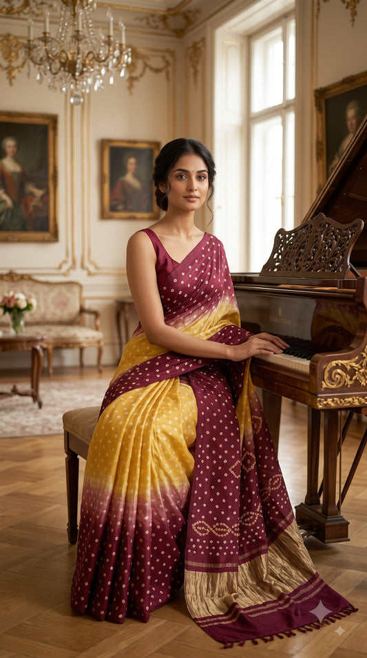 Modal Silk with Dual Shade Bandhani with Lagdi Patta - Beige/Maroon