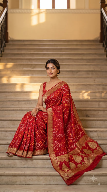Art Silk Bandhani with Golden Zari - Red
