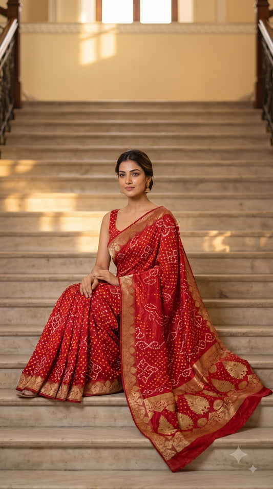 Art Silk Bandhani with Golden Zari - Red
