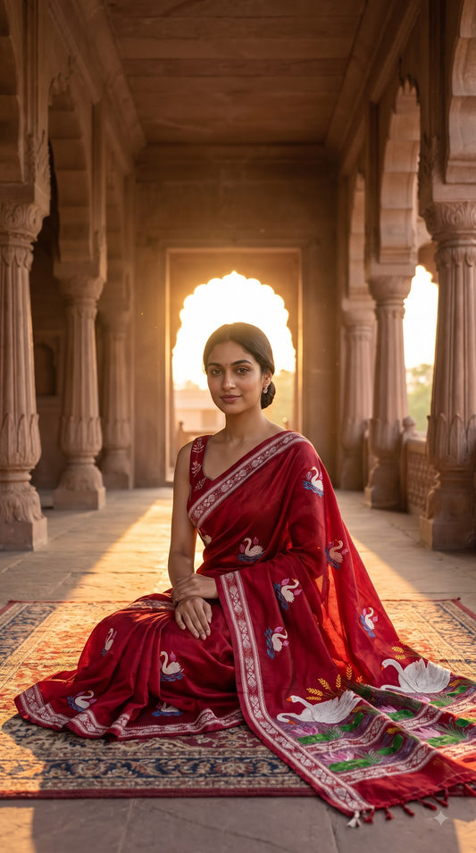 Pure Silk Saree with Kantha-Stitched - Maroon