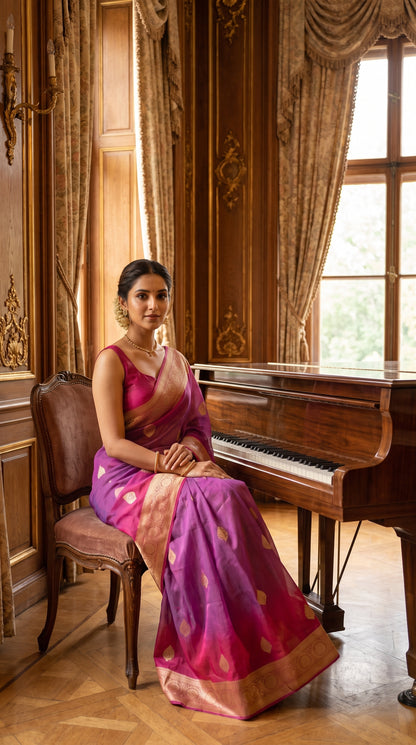 A full-length shot of a woman sitting next to a grand wooden piano inside a sunlit luxury parlor, with the expansive pink and gold zari pallu of her purple silk saree draped beautifully across the polished wooden floor