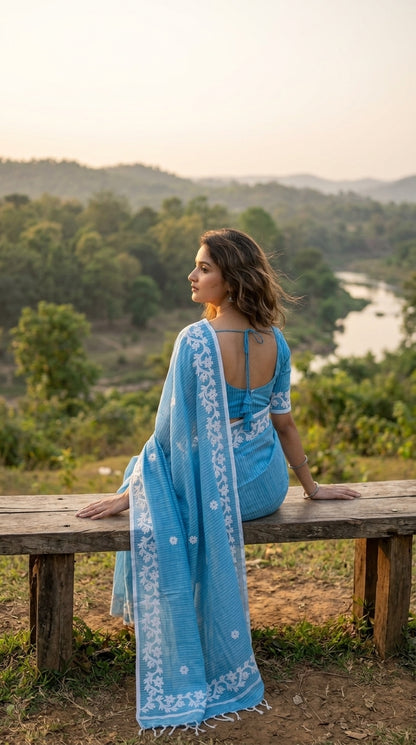 Blue Cotton Saree with Applique Border