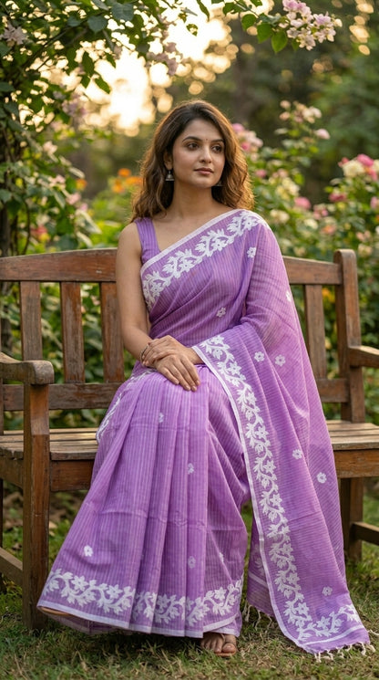 Purple Cotton Saree with Applique Border