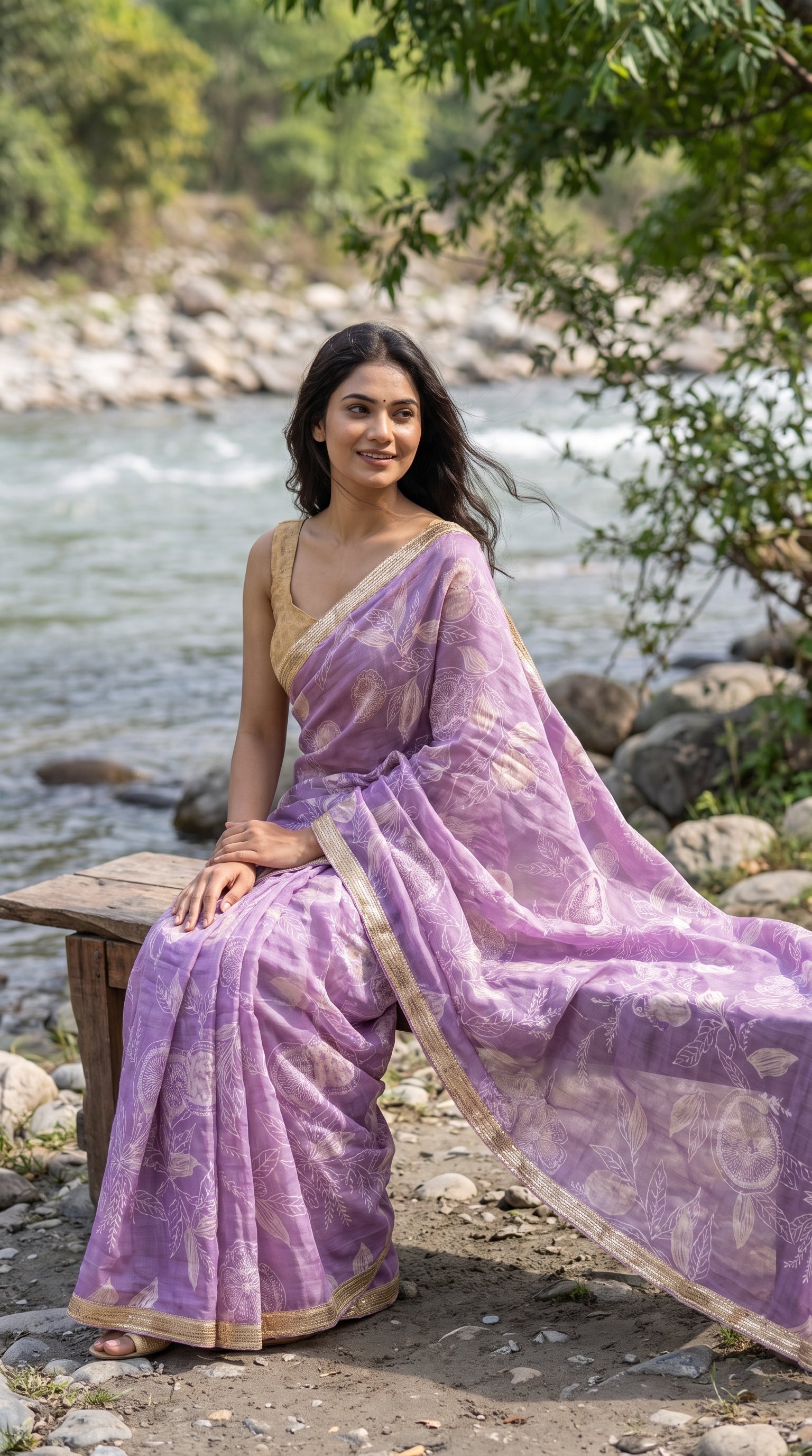 A three-quarter view of a woman sitting on a wooden bench near a flowing river, highlighting the airy texture, crisp white floral sketches, and gold lace border of her lavender pure muslin saree