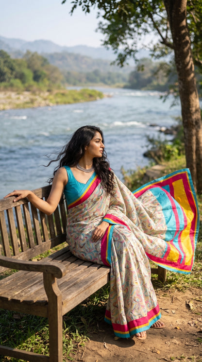 A three-quarter view of a woman sitting on a wooden bench near a flowing river, highlighting the airy texture and the bold multicolored satin borders of her sky blue printed silk saree blowing in the breeze