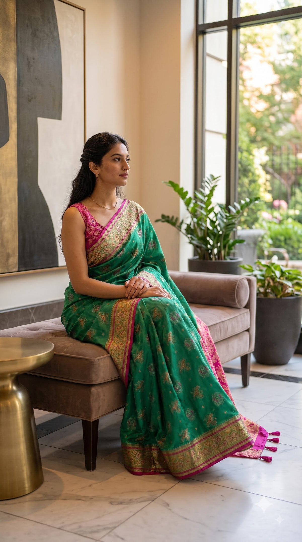 Viscose Silk Saree with Patola Weave - Rama Green