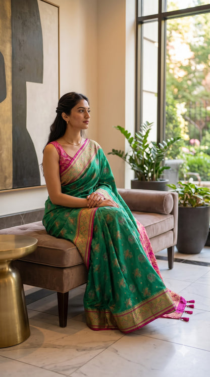 Viscose Silk Saree with Patola Weave - Rama Green
