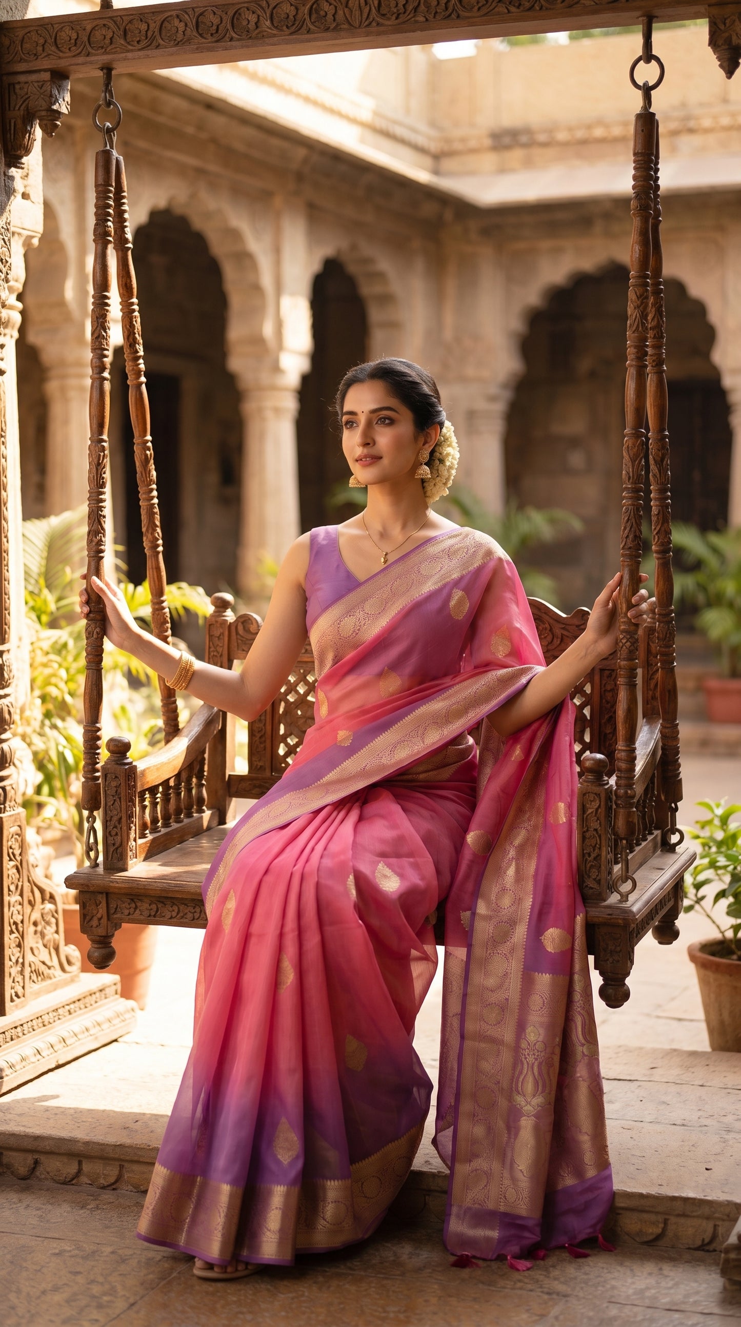 A front view of a woman with a fresh gajra hair decoration sitting gracefully on a traditional wooden courtyard swing, showcasing the high-contrast purple border and elegant blush pink pleats of her pure Banarasi silk saree