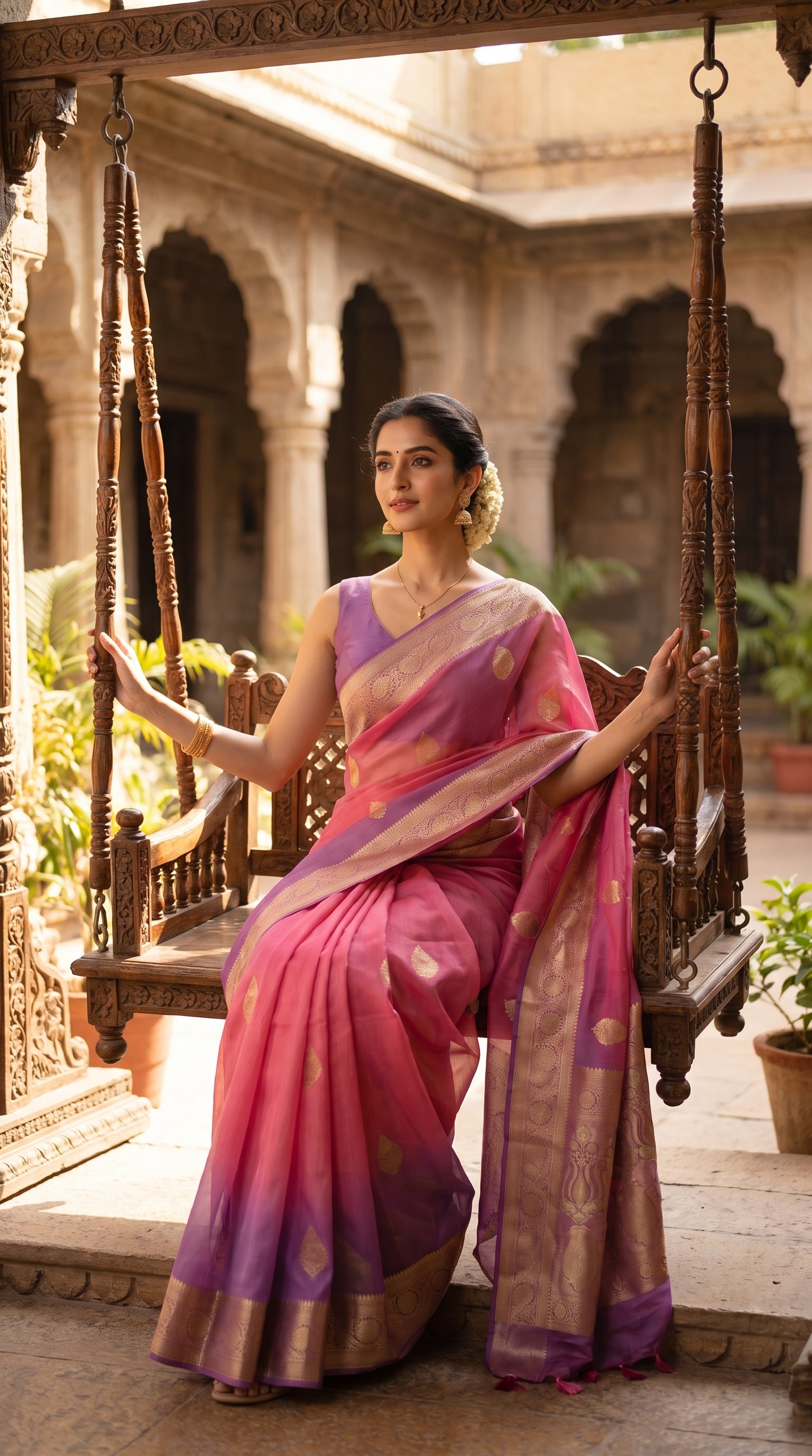 A front view of a woman with a fresh gajra hair decoration sitting gracefully on a traditional wooden courtyard swing, showcasing the high-contrast purple border and elegant blush pink pleats of her pure Banarasi silk saree