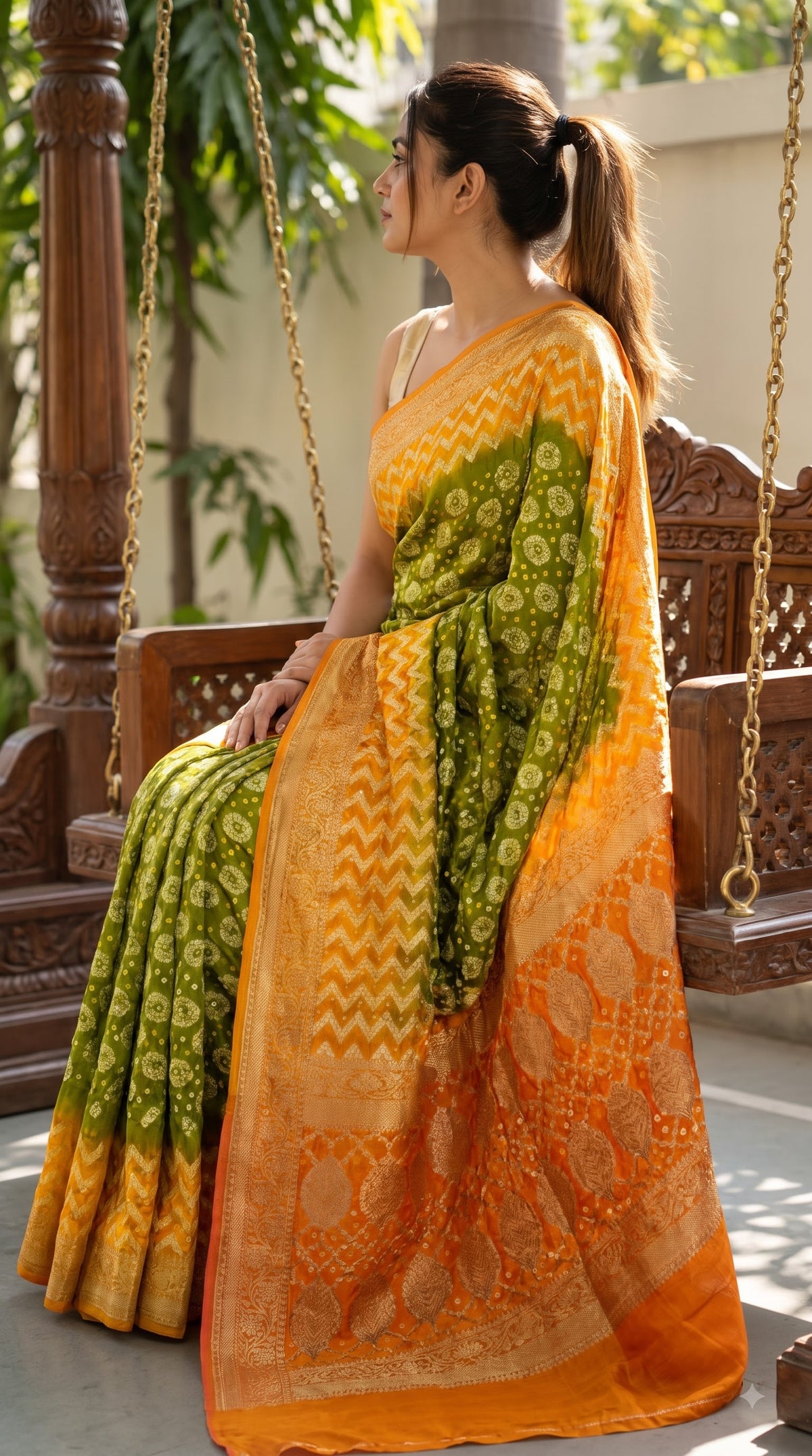 Art Silk with Bandhani - Green with Orange Border