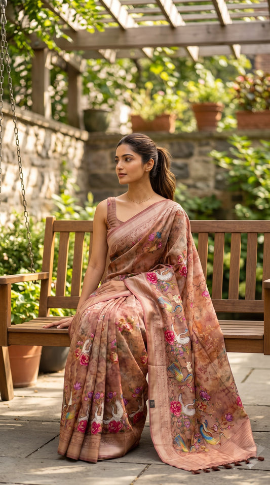 Pure Silk Saree with Digital Print & French Knot Kantha-Stitched - Mauve