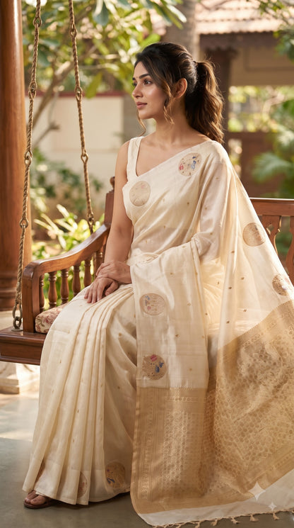 Mashru Silk with Flamingo Motif-Cream