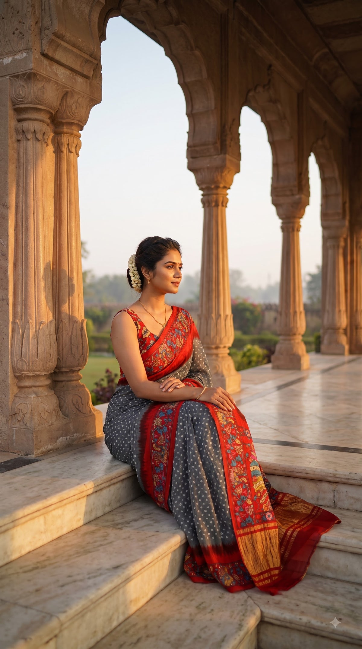 Pure Modal Silk with Bandhani Kalamkari Print Border - Grey with Red