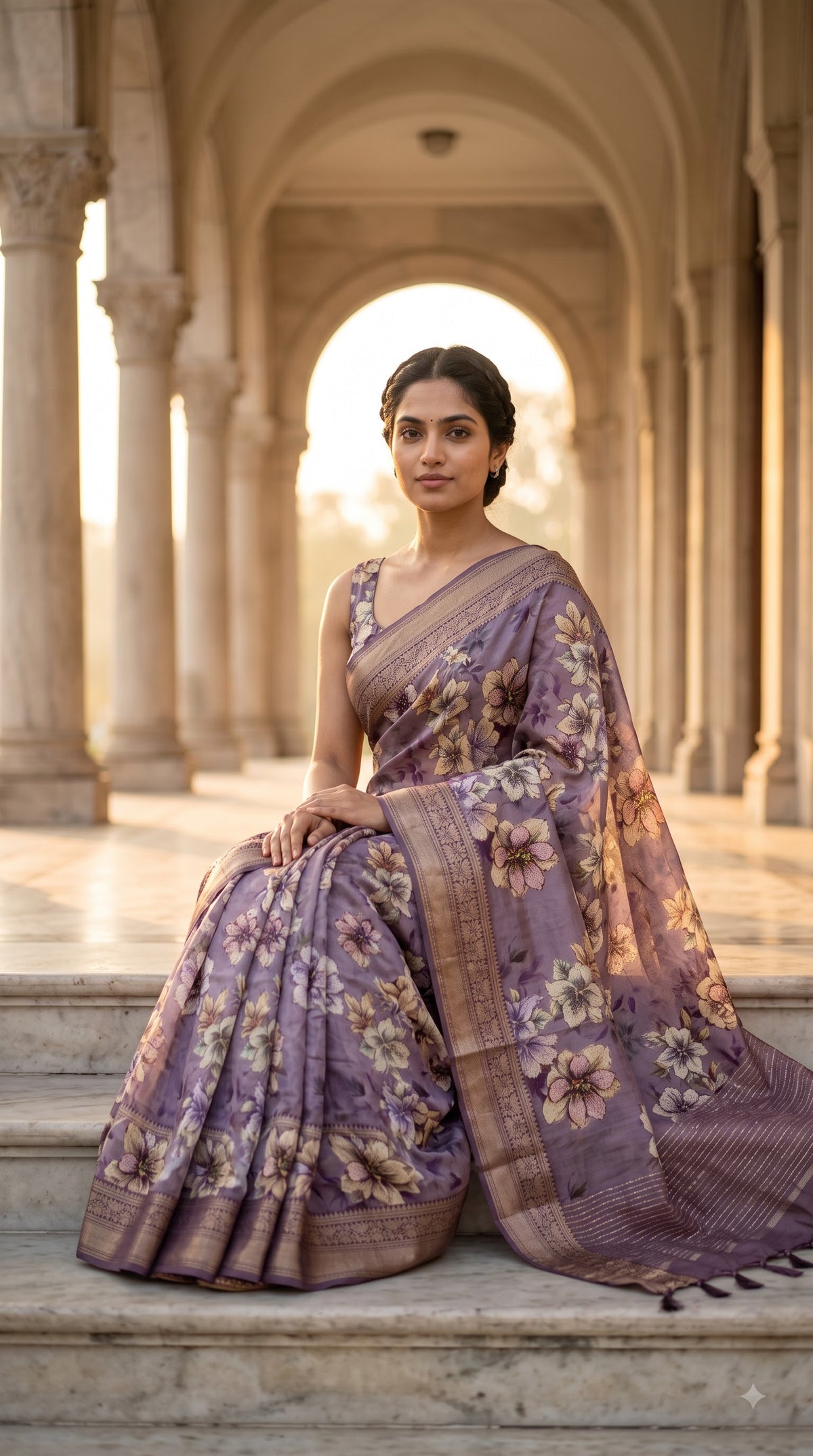 Pure Silk Saree with Digital Print & French Knot Kantha-Stitched - Purple