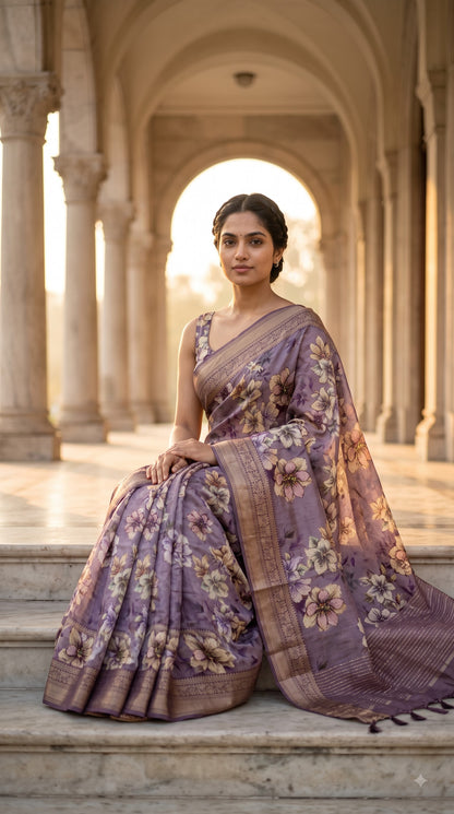 Pure Silk Saree with Digital Print & French Knot Kantha-Stitched - Purple