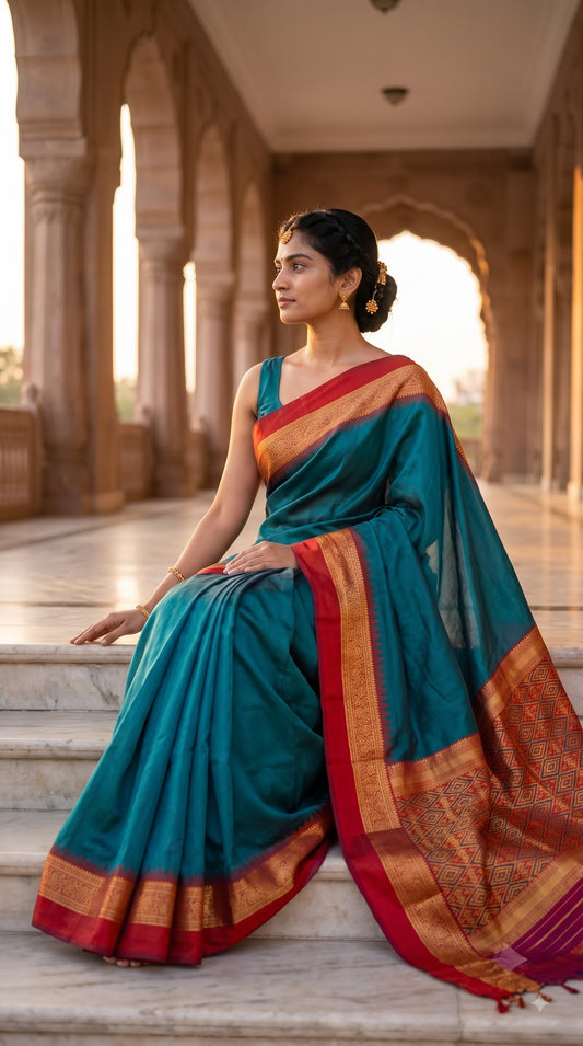 Silk Saree with Pochampally Pallu - Peacock Green