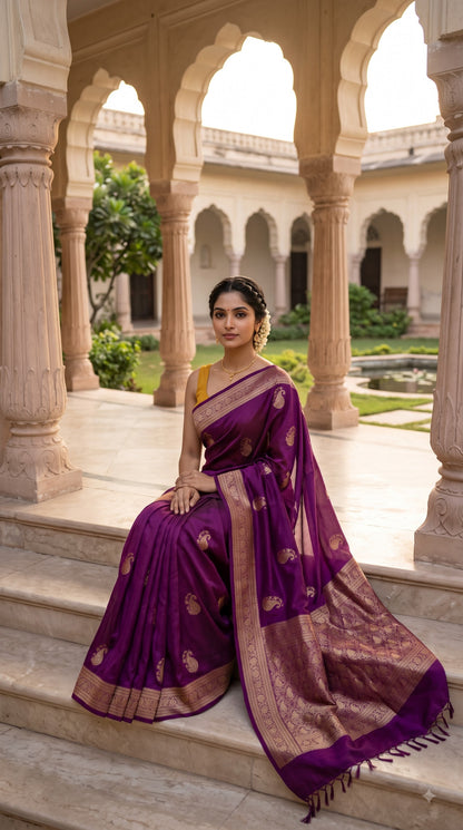 Satin Banarasi with Contrast Blouse - Wine Color