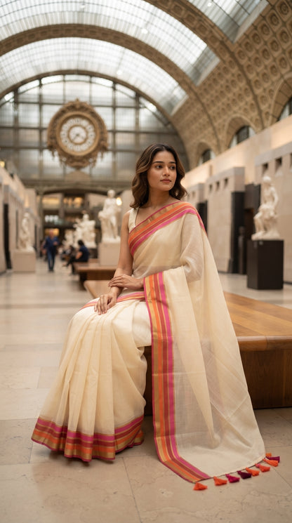 A full-length view of a woman sitting on a wooden bench inside a grand museum under a vaulted glass ceiling, showing the soft pleats and multi-colored striped trim of her ivory mul cotton saree