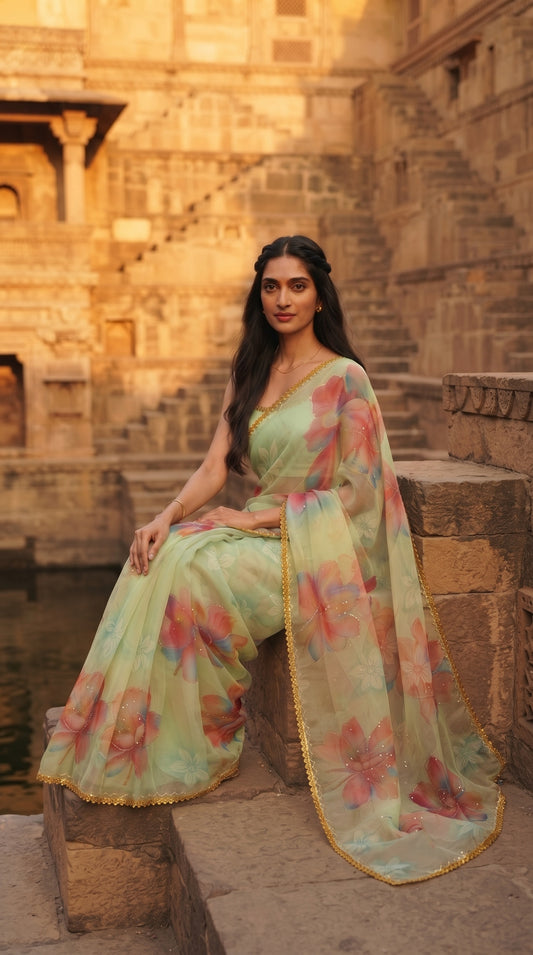 Pista Green Chiffon Saree with Delicate Lace Border