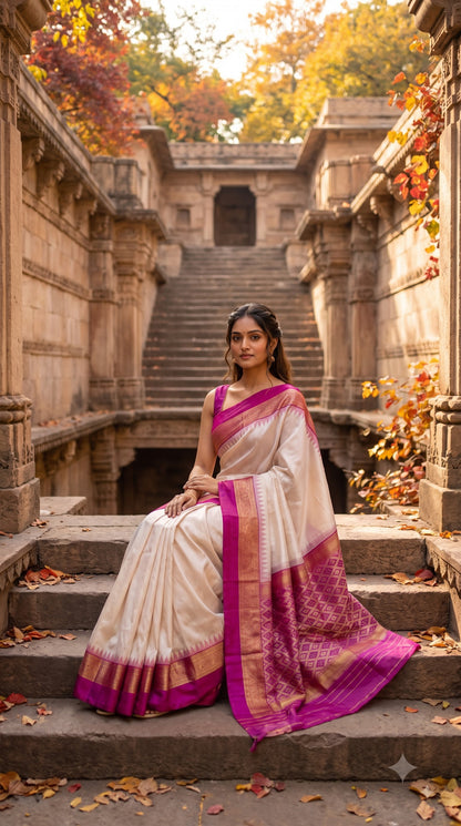 Silk Saree with Pochampally Pallu - White