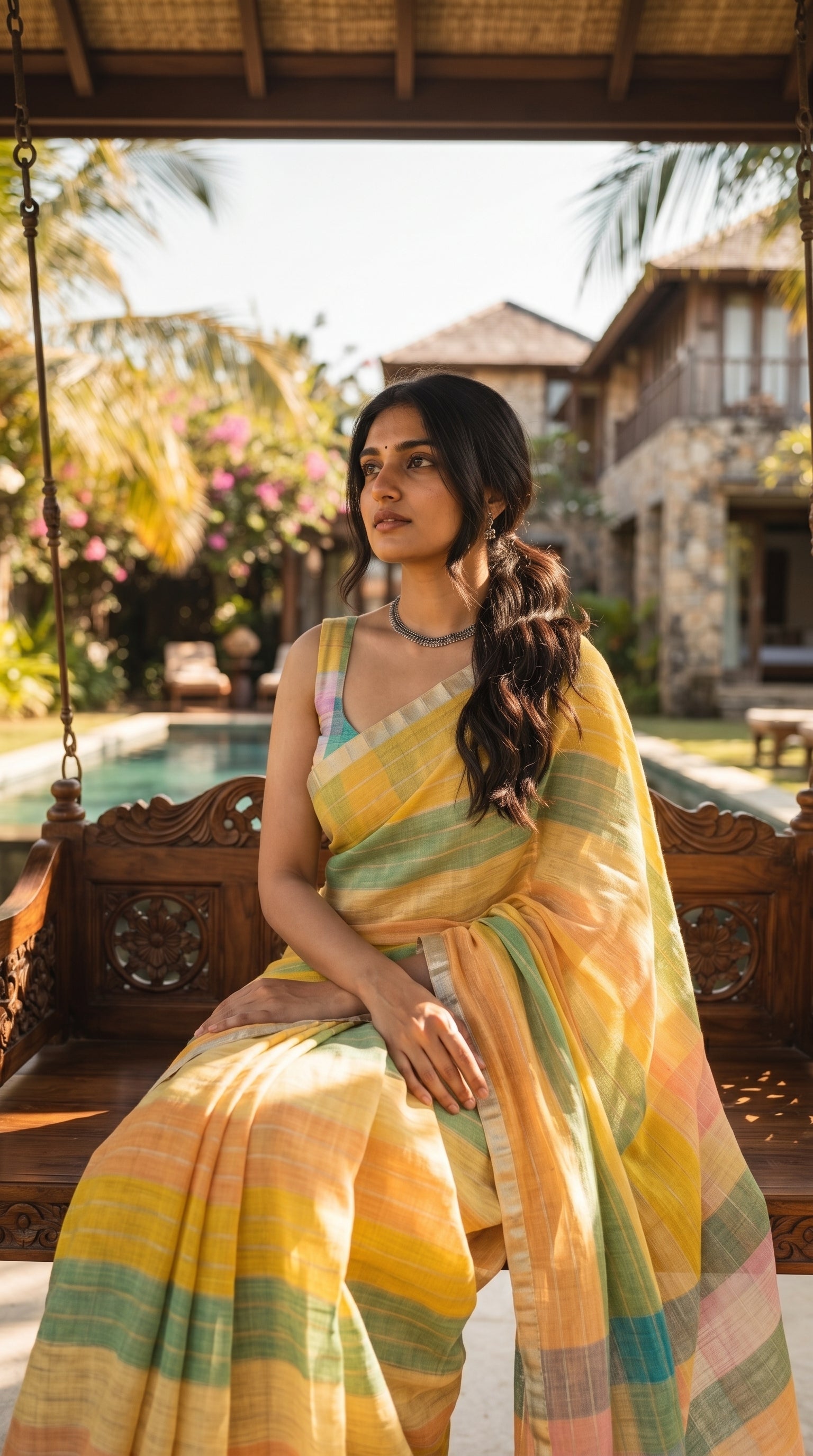 A portrait of a woman looking to the side while resting on a rustic wooden swing next to a swimming pool, accentuating the breathable weave and soft texture of her sunny yellow striped linen saree