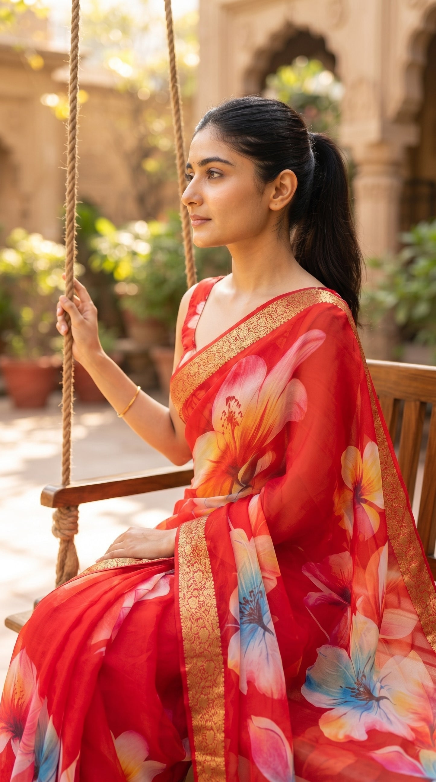 A side profile shot of a woman with a sleek ponytail sitting on a wooden courtyard swing, displaying the elegant drape, gold zari trim, and vibrant blue-accented floral prints of her red chiffon saree