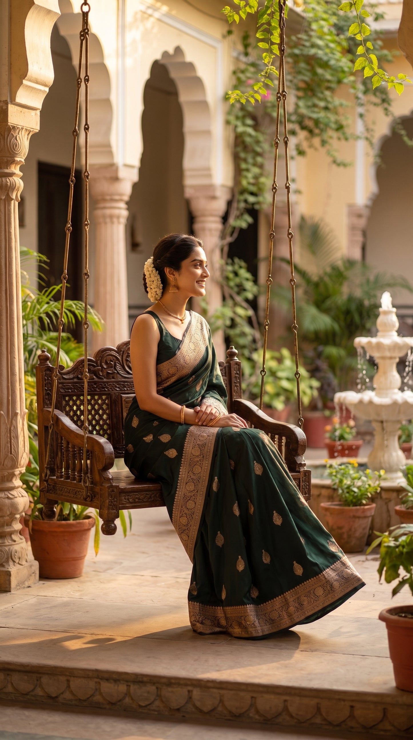 A profile shot of a smiling woman with a gajra hair bun sitting on a carved wooden courtyard swing, displaying the elegant gold zari borders and leaf buttas of her bottle green Mashru silk saree
