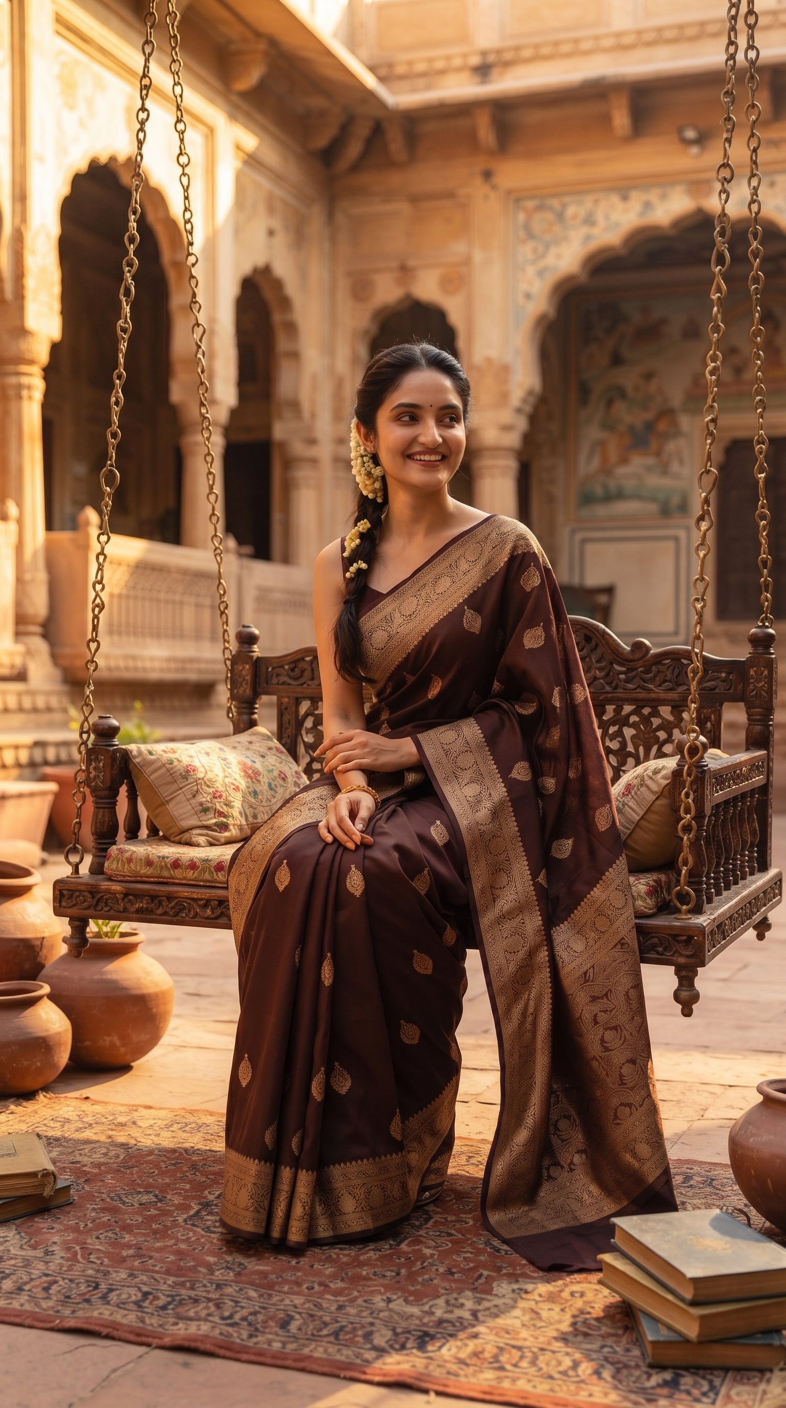A front profile view of a smiling woman sitting on a traditional wooden courtyard swing over an ornate rug, displaying the structured fall and heavy gold zari border of her dark coffee brown saree