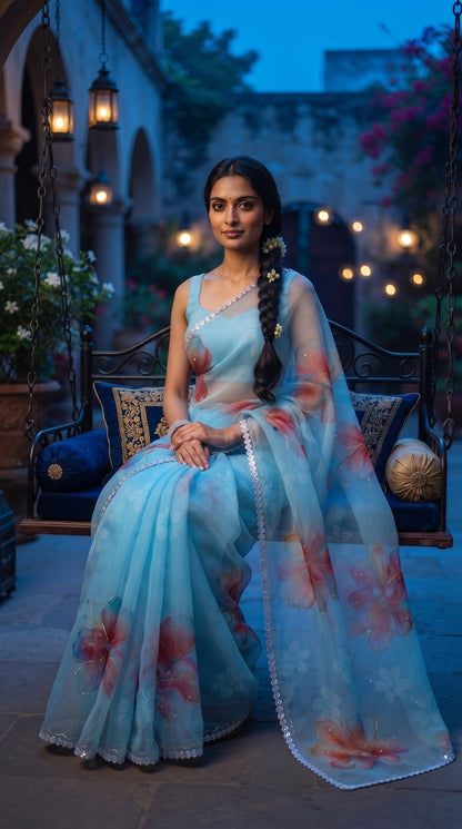 Sky Blue Floral Chiffon Saree with Delicate Lace Border