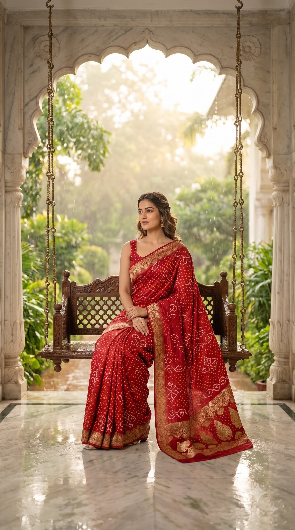 Art Silk Bandhani with Golden Zari - Red