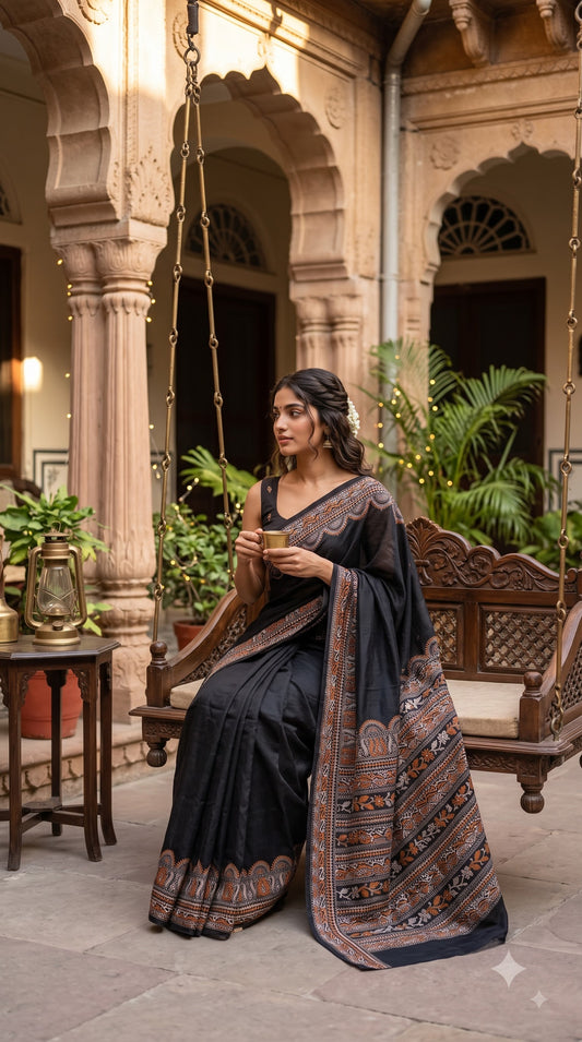 Pure Art Malai Silk Saree with Kantha-Stitched - Black