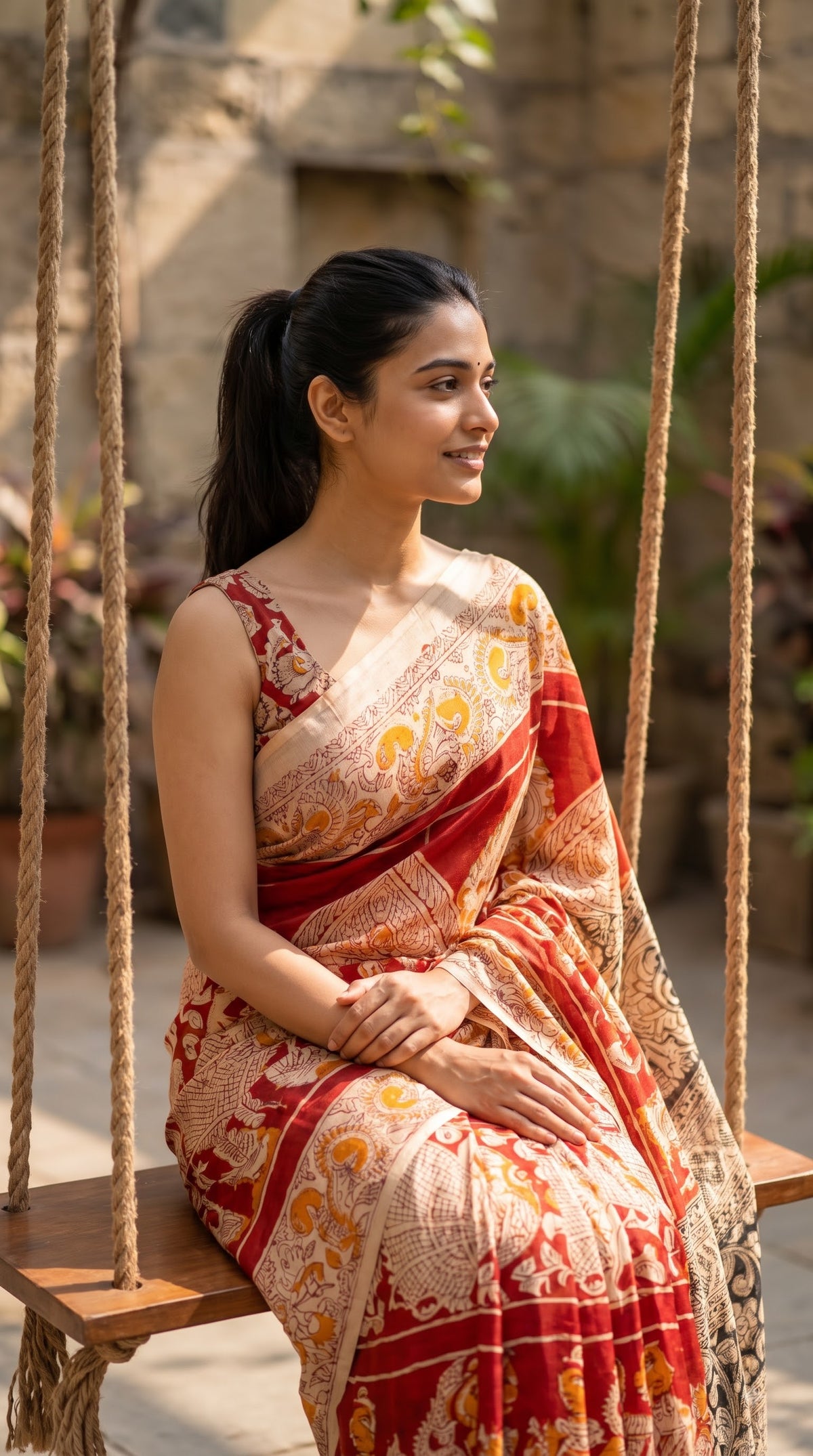 Printed Kalamkari Silk Saree - Red & Yellow