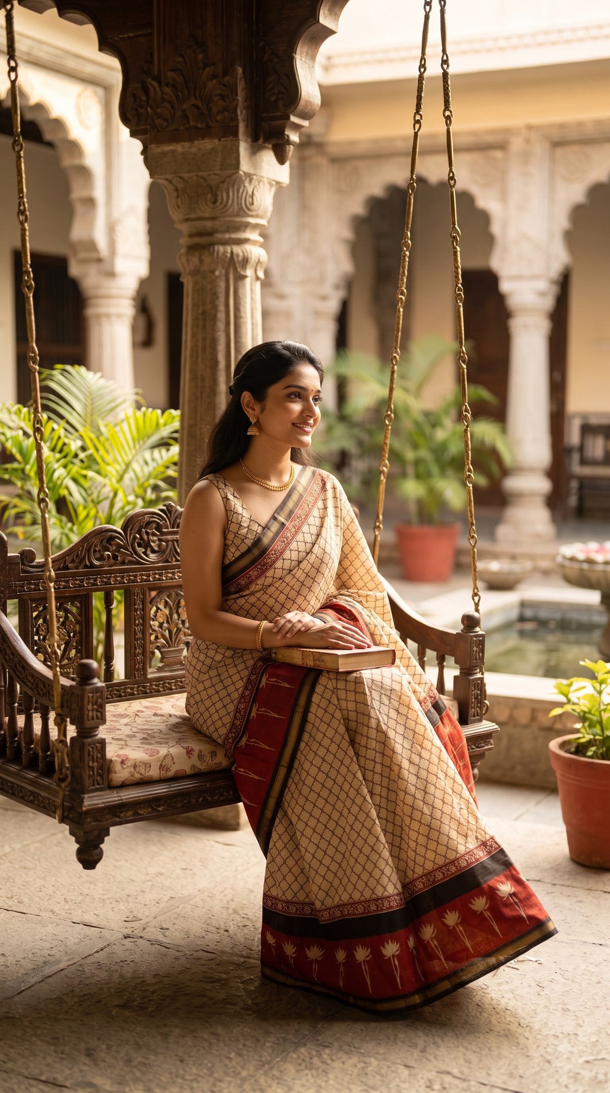 Chanderi Silk Saree with Red Lotus Motifs - Beige & Black