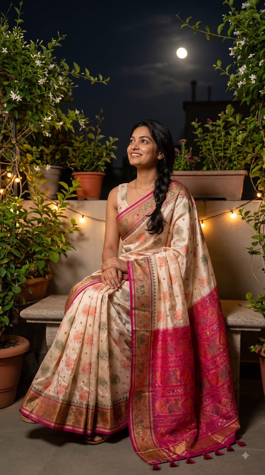 Viscose Silk Saree with Patola Weave - White
