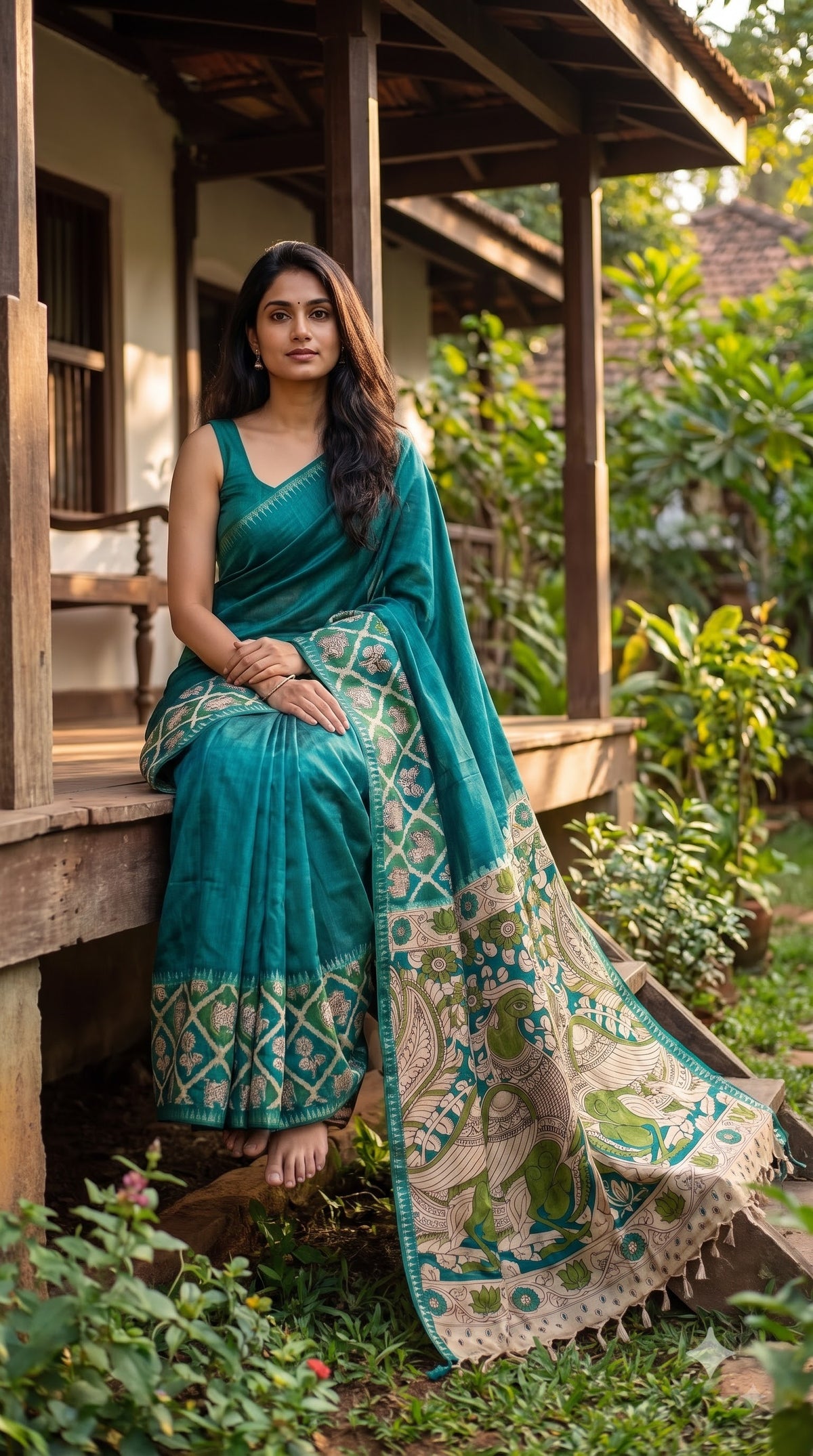 Plain Silk Saree with Kalamkari Gap Border - Rama Green