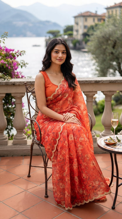 A portrait of a woman sitting on a terrace chair next to a table with a glass of champagne, looking into the camera while displaying the soft golden light reflecting off her burnt orange floral chiffon saree